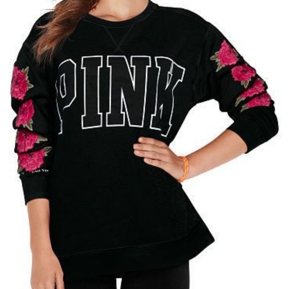 ISO PINK Embroidered Rose Campus Crew